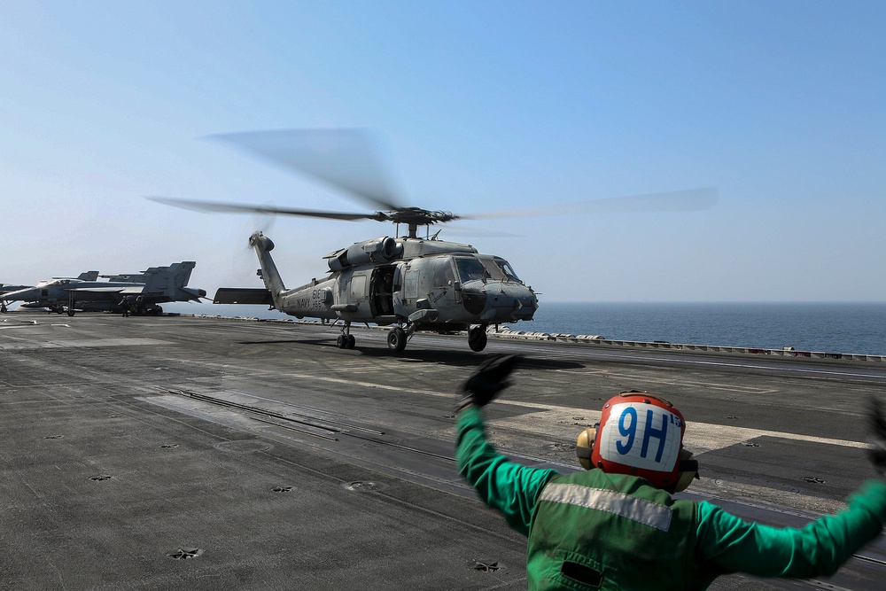 Helicopter lift off aboard USS Dwight D. Eisenhower
