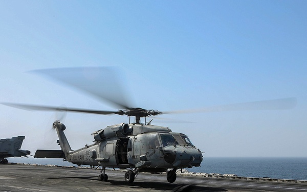 Helicopter lift off aboard USS Dwight D. Eisenhower