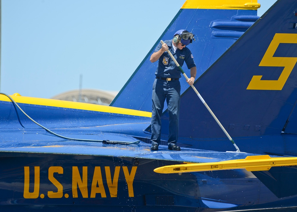 Blue Angels crew chief washes aircraft