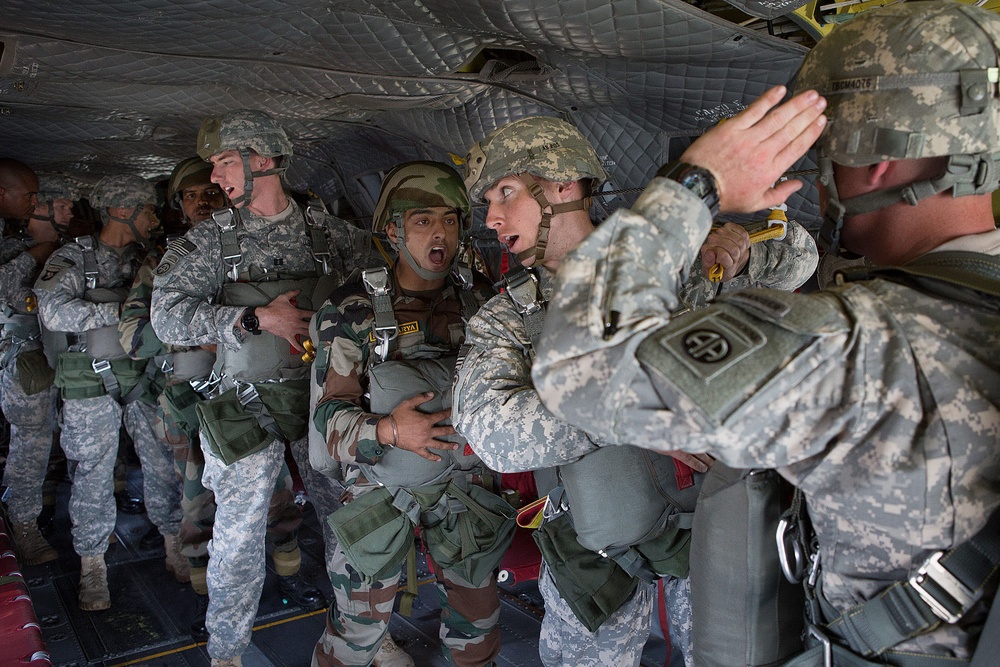 Indian, US paratroopers make helicopter jump