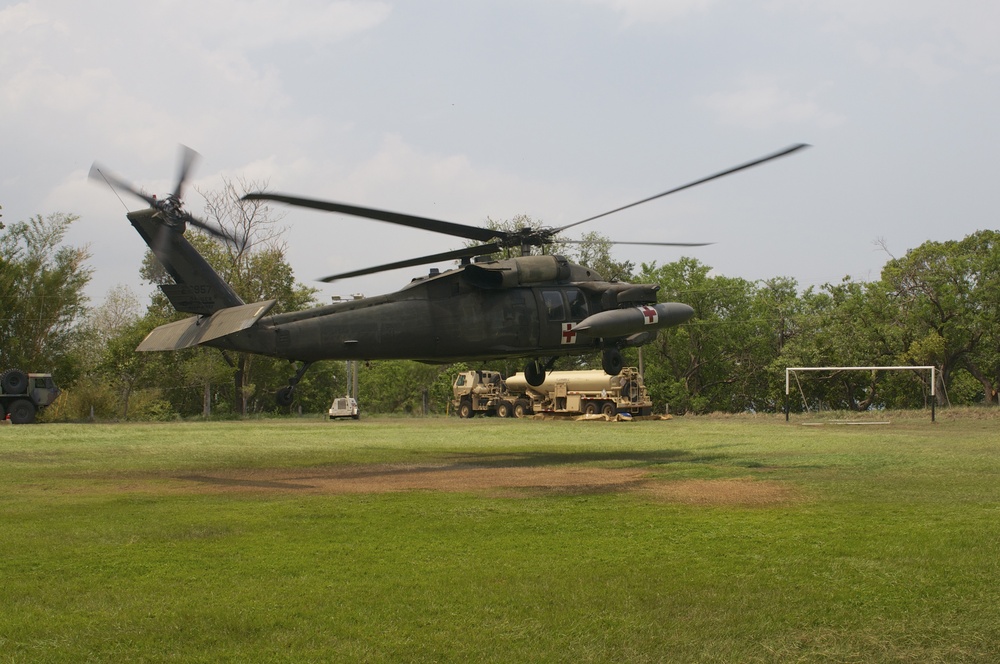 The medevac UH-60 Black Hawk helicopter lifts off for a casualty retrieval exercise