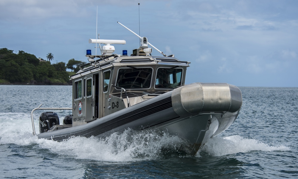 An Interceptor from the Antigua Barbuda Defense Forces transits the waters of Saint Lucia