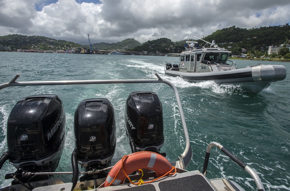 Saint Lucian and Antigua Barbuda Defense Forces Interceptors transit the waters of Saint Lucia