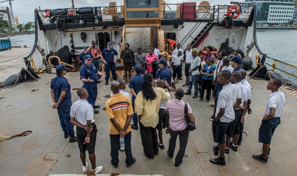 The Coast Guard Cutter Oak receives guests in Saint Lucia