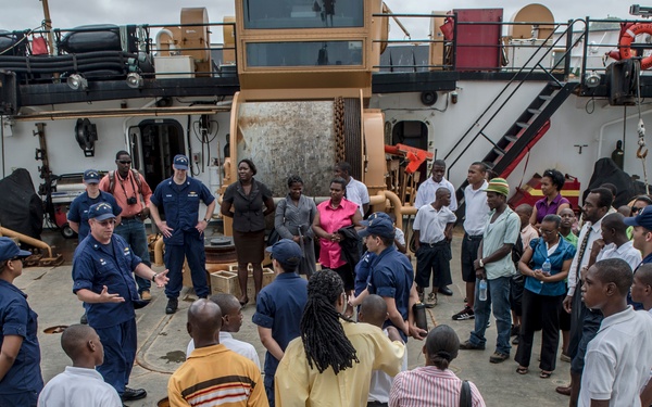 The Coast Guard Cutter Oak receives guests in Saint Lucia