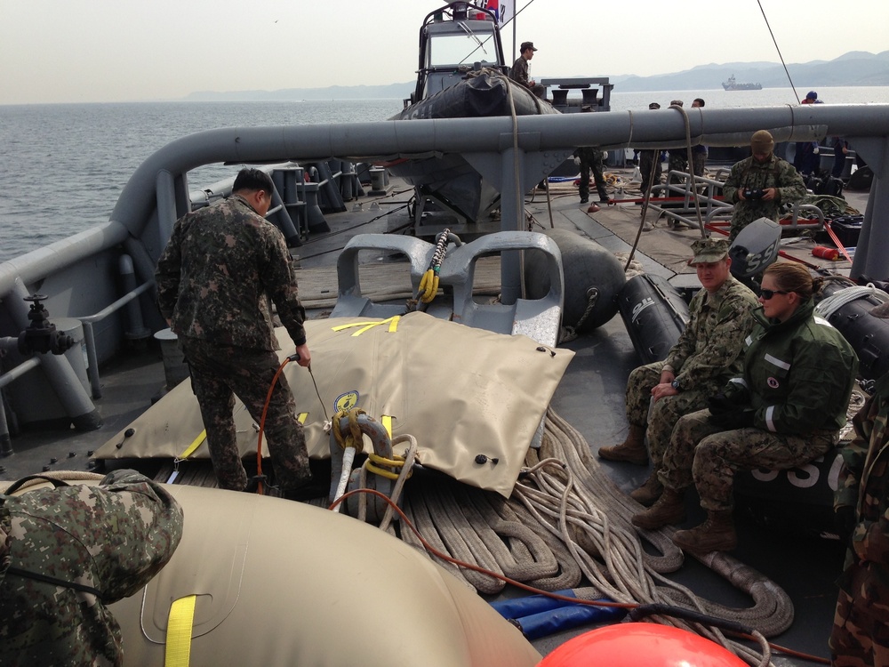 Members of UCT TWO and the ROK Navy prepare for a joint salvage operation