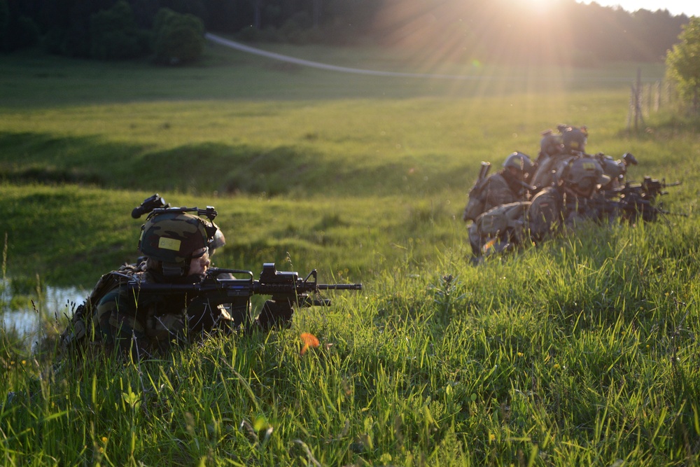 A group of military soldiers in full combat gear are conducting a field exercise or tactical operation in a grassy meadow during golden hour. The foreground soldier is in a prone firing position aiming a rifle, while additional soldiers are visible in a line formation in the background. The backlit sunlight creates a dramatic silhouette effect across the scene.