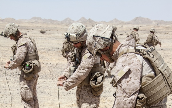 Multiple military personnel in desert MARPAT camouflage uniforms are conducting what appears to be a demolitions or explosive ordnance training exercise in an arid desert environment. Each soldier is handling a wire or cord connected to a green metal box placed on the ground, suggesting a coordinated detonation or EOD drill. The setting features flat, sandy terrain with distant rocky hills under a clear sky.