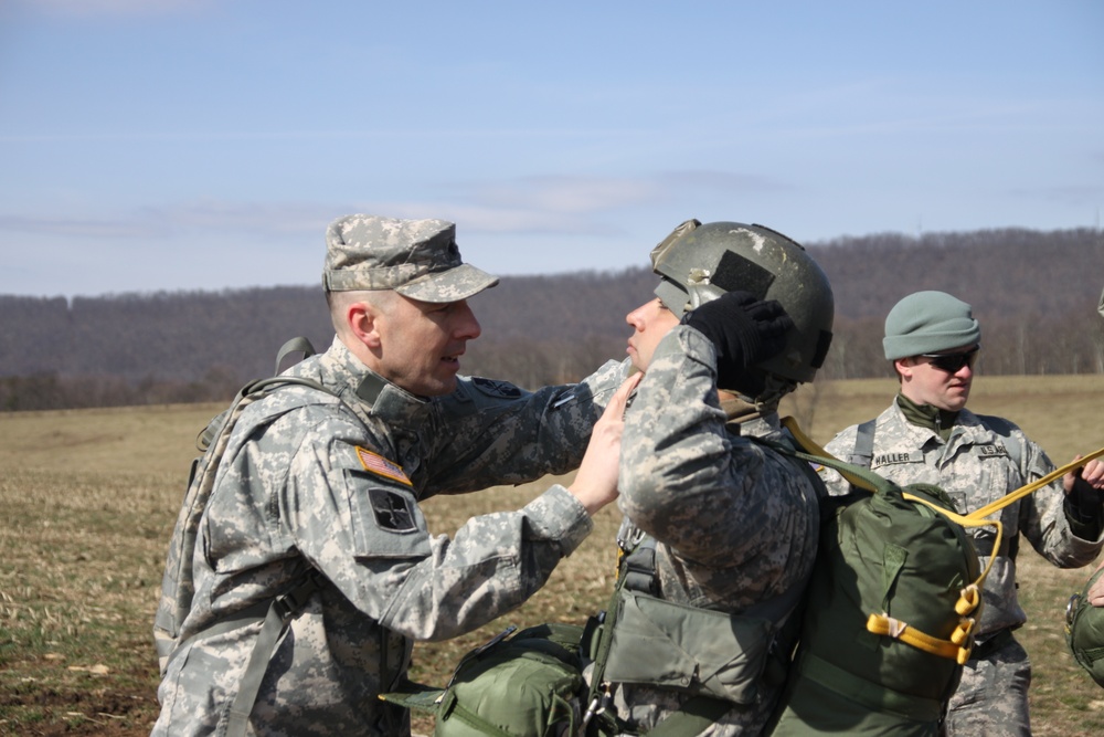 Lt. Col. Bradley Martsching, 1st Squadron, 158th Cavalry Regiment commander and a qualified jumpmaster, performs a Jumpmaster Personnel Inspection