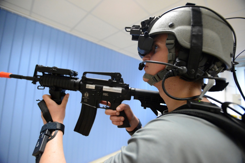 Soldiers from the Netherlands army conduct training in a Dismounted Soldier Training System (DSTS) at the 7th U.S. Army Joint Multinational Training Command (JMTC)