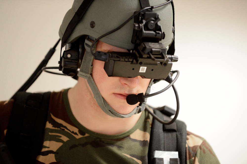 Soldiers from the Netherlands army conduct training in a Dismounted Soldier Training System (DSTS) at the 7th US Army Joint Multinational Training Command (JMTC)