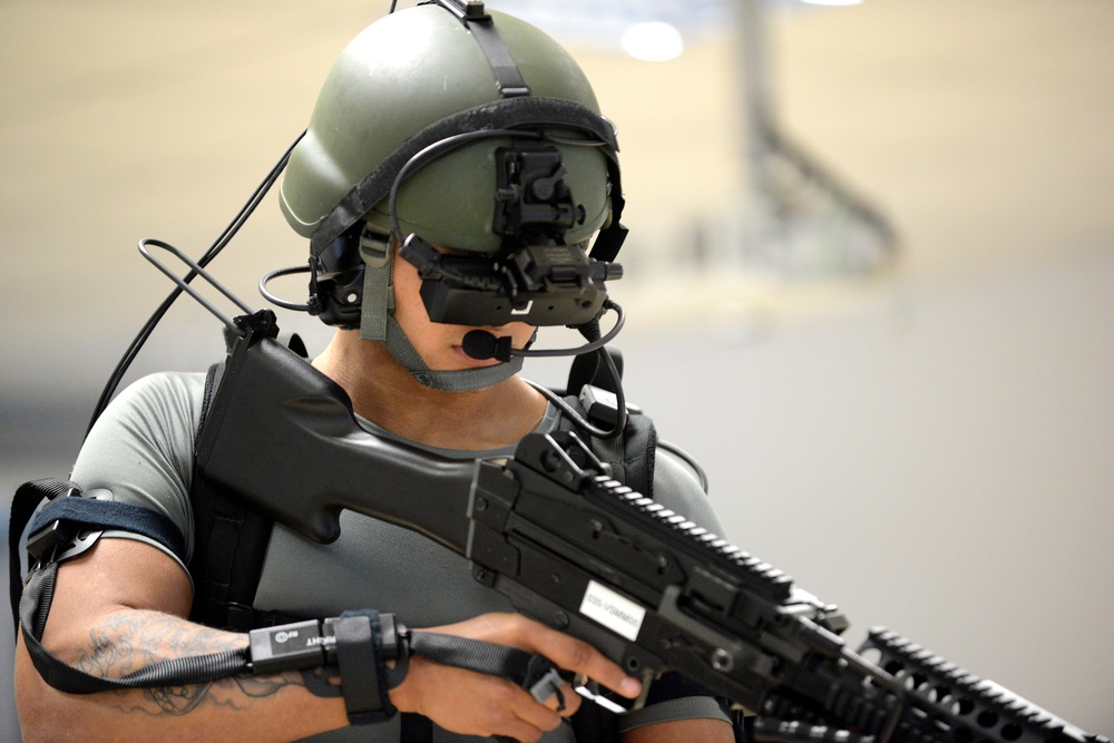 Soldiers from the Netherlands army conduct training in a Dismounted Soldier Training System at the 7th US Army Joint Multinational Training Command