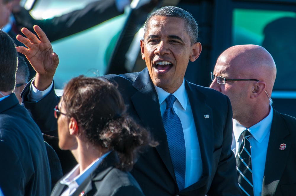 Air Force One arrives at Moffett Federal Airfield, CA.