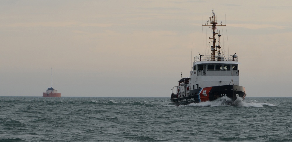 Coast Guard Cutter Morro Bay passes the Cleveland Water Intake Crib en route to Cleveland