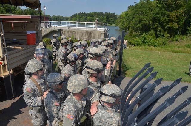 Soldiers of the North Carolina National Guard train for Rapid Reaction Force duty at the Catawba River Pump Station