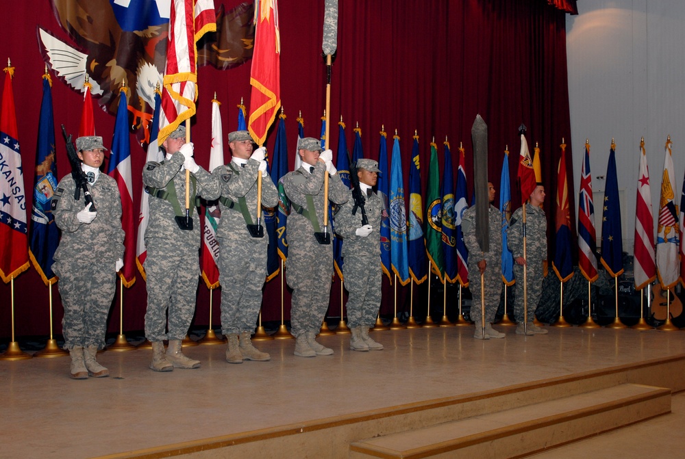 371st Sus. Bde. and 38th Sus. Bde. hold colors