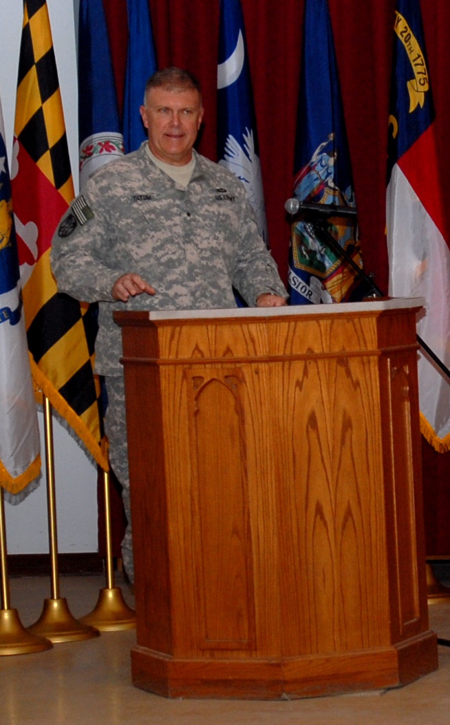 Brig. Gen. Donald B. Tatum speaks during a Transition of Authority ceremony