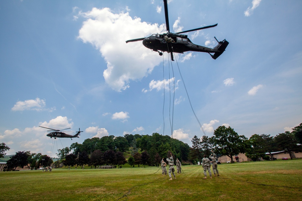 Cadets rappel from Guard Black Hawks