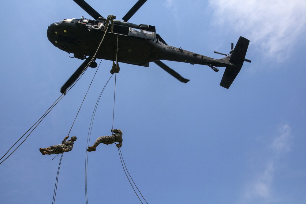 Cadets rappel from Guard Black Hawks