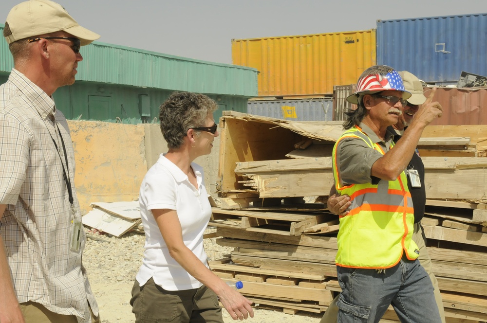 Joint senior logisticians walk disposition services yard in Bagram