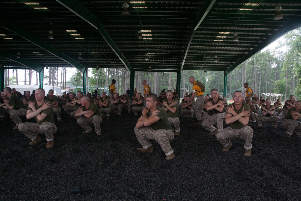 Recruits practice martial arts techniques during training on Parris Island