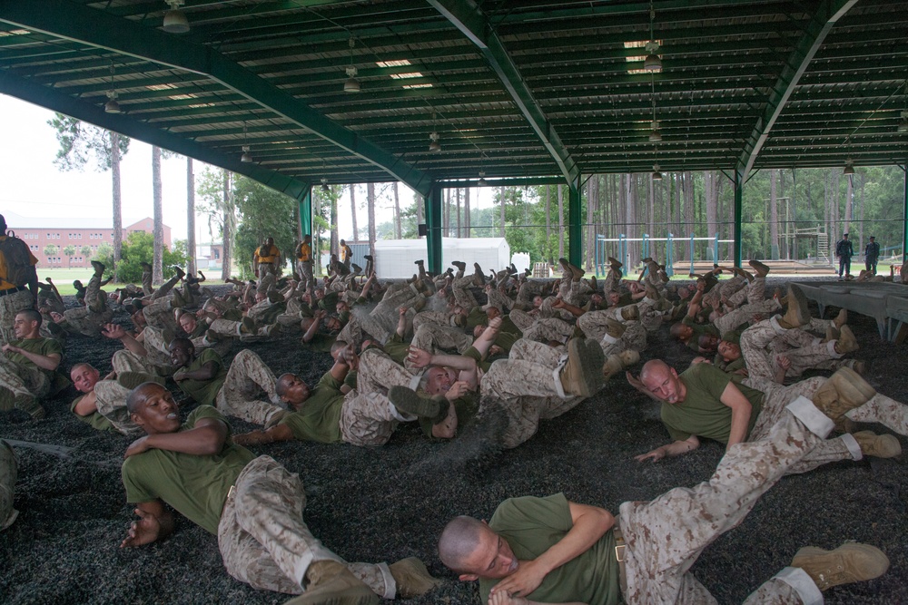 Recruits practice martial arts techniques during training on Parris Island