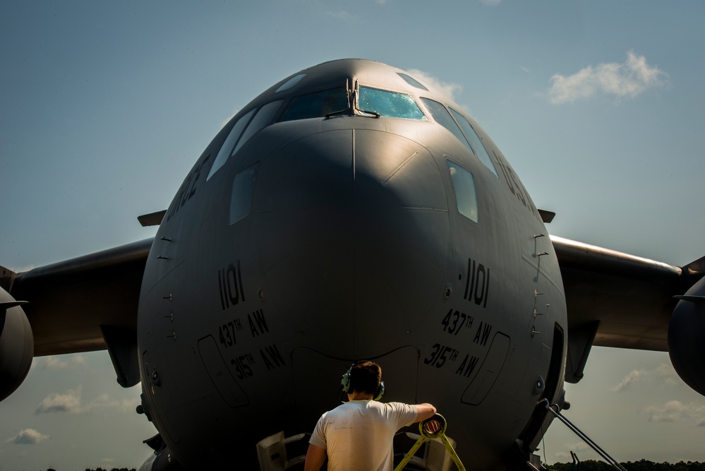 Airmen perform C-17 Globemaster III engine checks