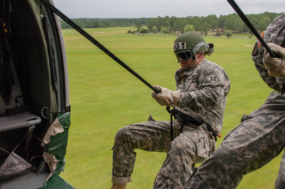 Air Assault students rappel from Black Hawk