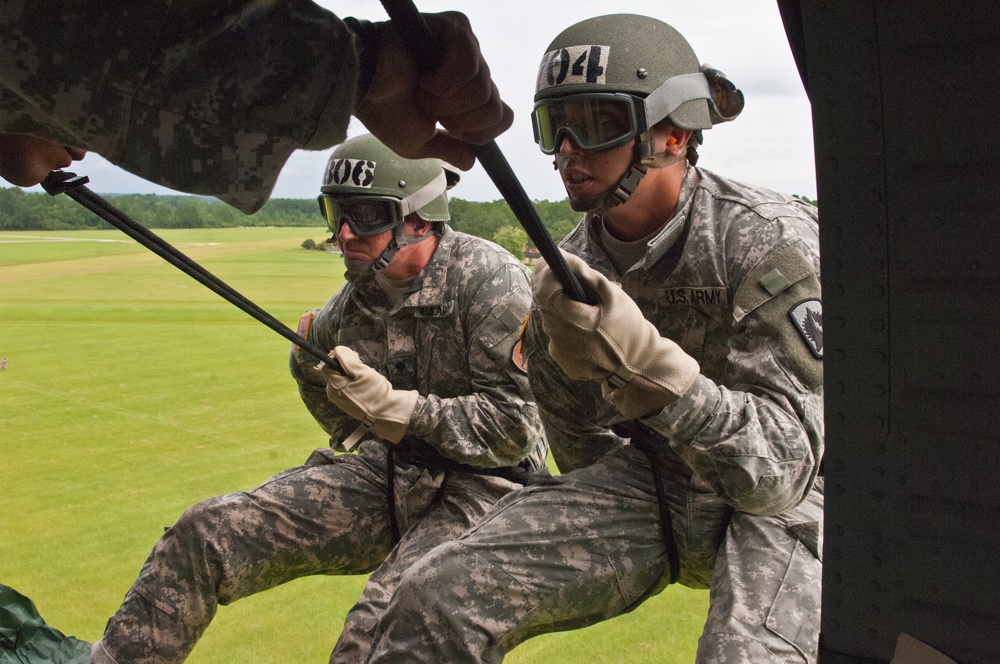 Air Assault students rappel from Black Hawk