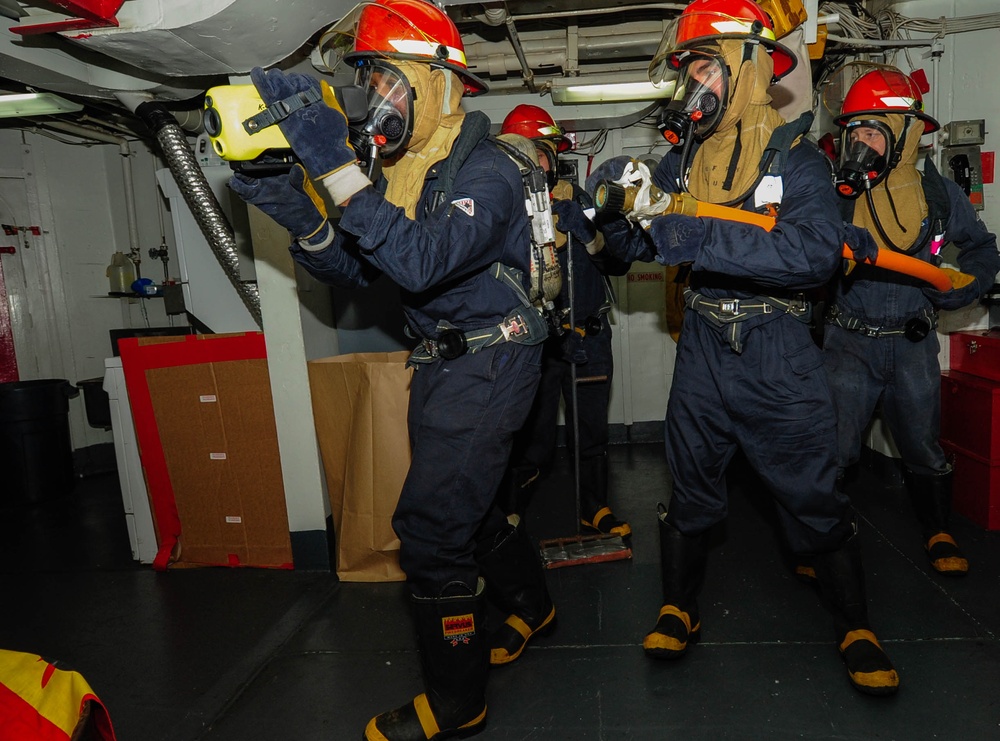 Shipboard firefighting drill