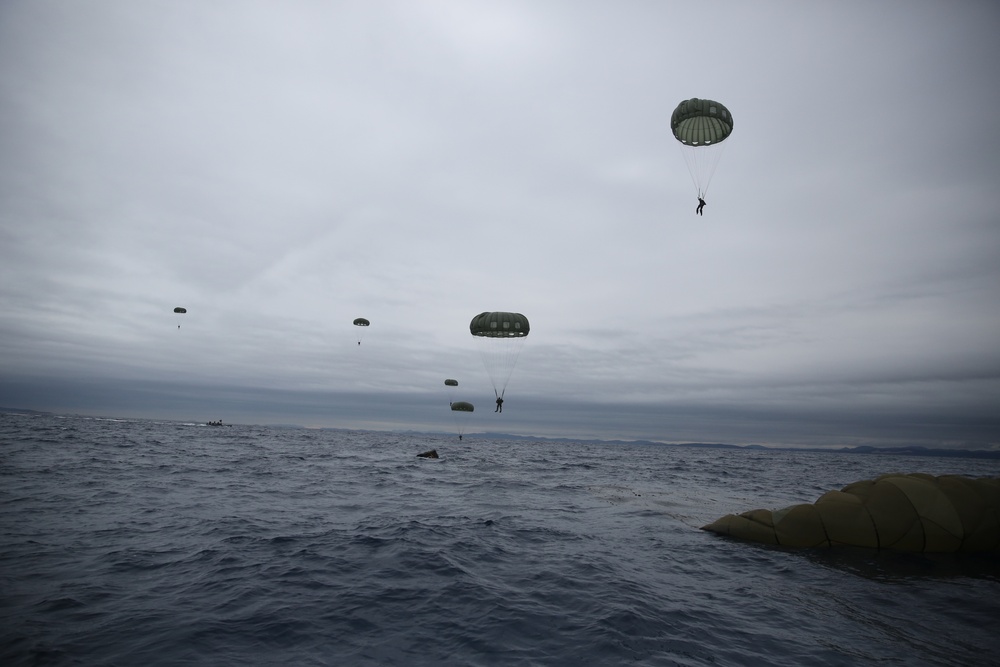 US Marines parachute into Coral Sea