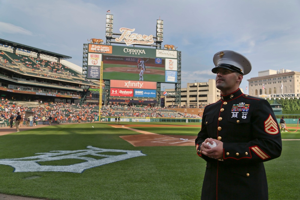 Livonia Marine throws Tigers first pitch