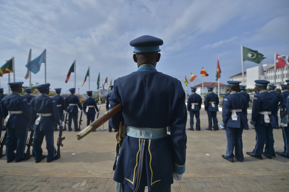 Ghanaian air force guard of honor welcomes the official party