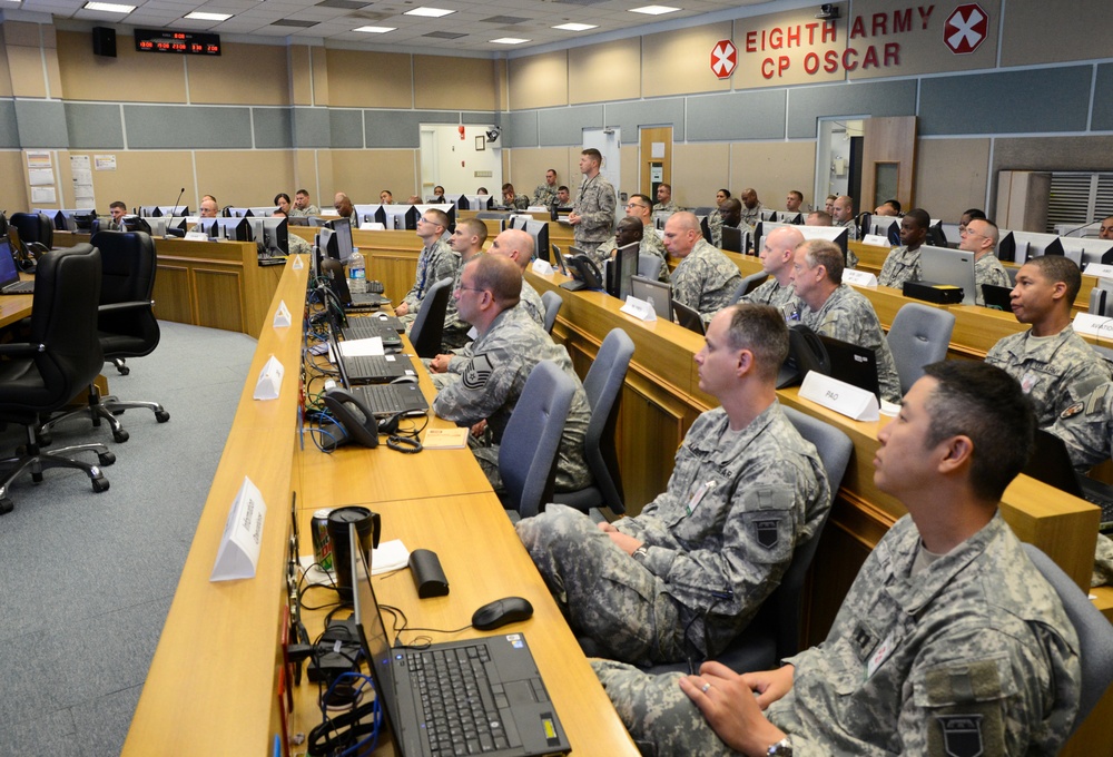 8th Army Rear Personnel receive a brief at CP Oscar
