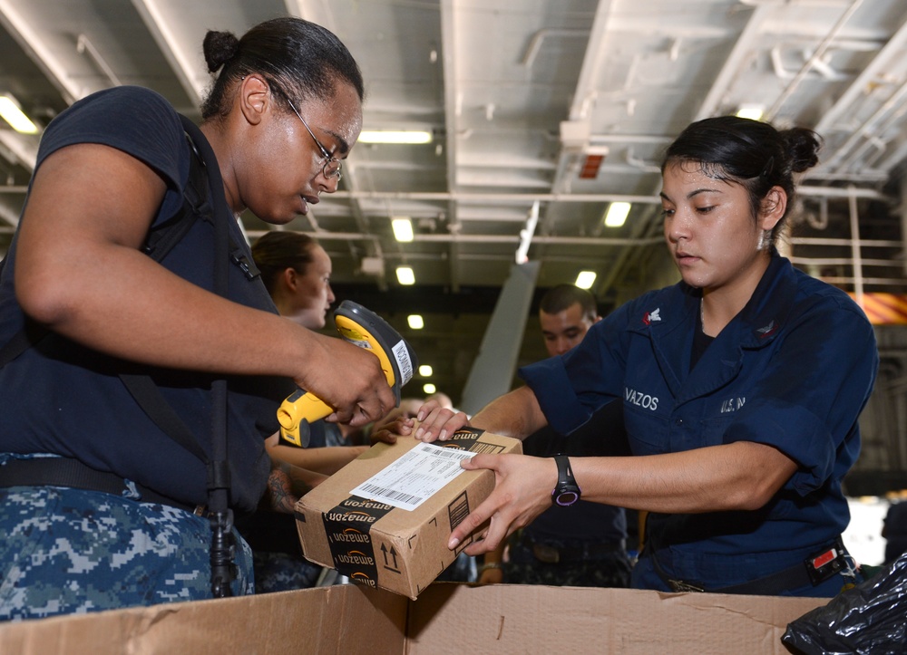 USS Nimitz sailors sort mail