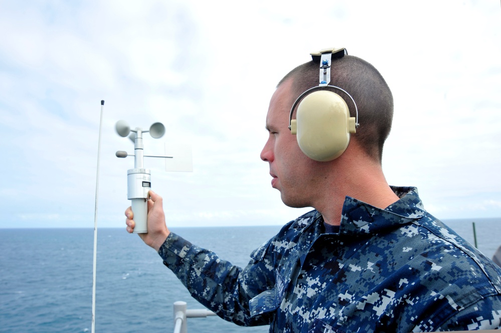 Sailor measures wind and air pressure