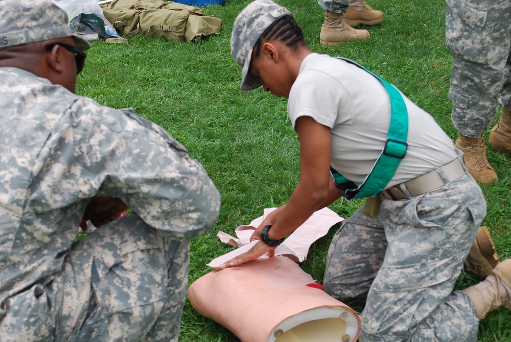 A soldier from Operation Sustainment Warrior practices combat lifesaver skills