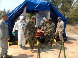 Mexican marines evacuate a simulated casualty