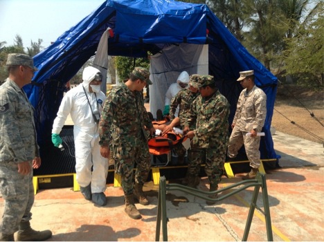 Mexican marines evacuate a simulated casualty