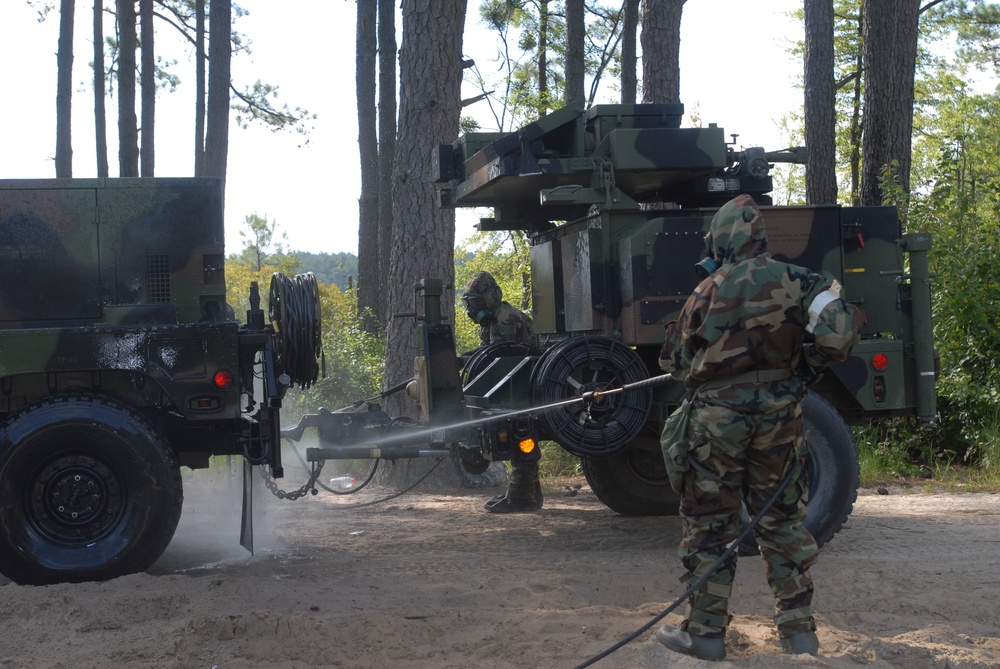 Soldiers conducting training using an M26 decontamination system