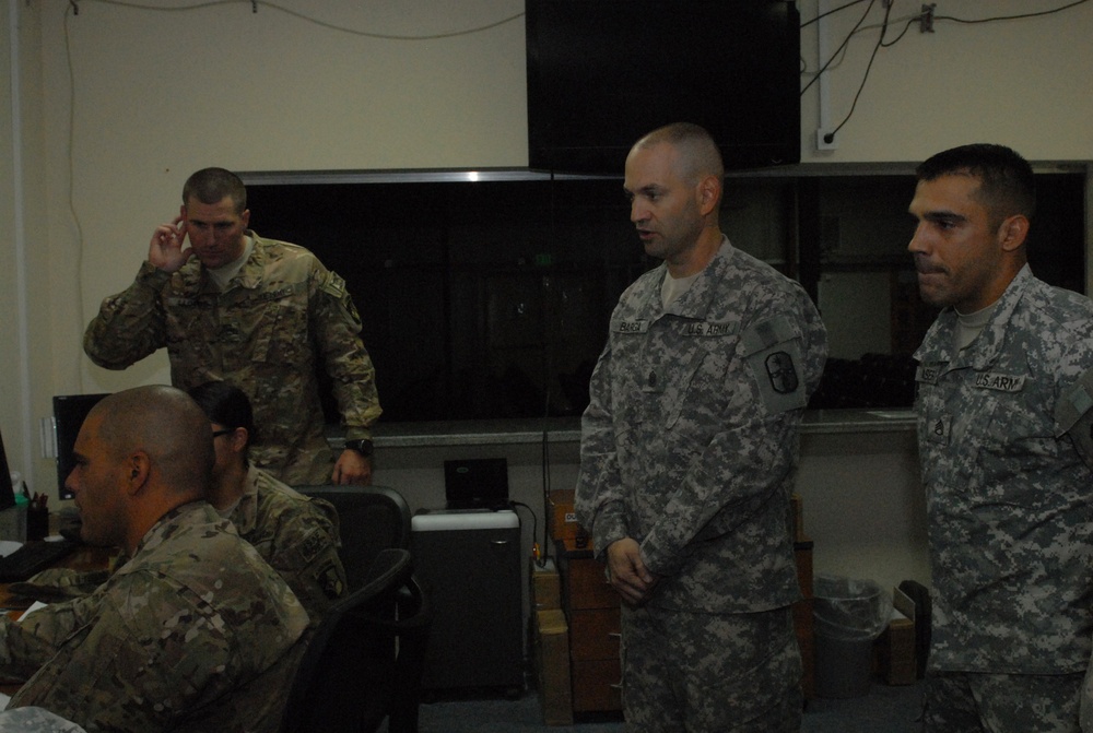 371st Battalion Commander and Brigade Command Sgt Maj. visit with troops in Manas