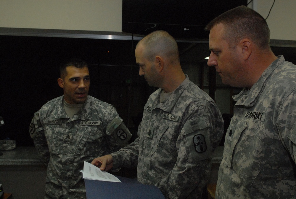 371st Battalion Commander and Brigade Command Sgt Maj. visit with troops in Manas