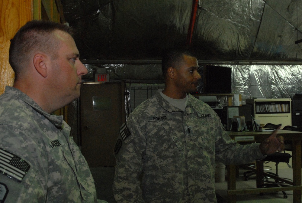 371st Battalion Commander and Brigade Command Sgt Maj. visit with troops in Manas