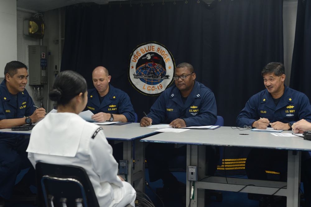 Future Mustangs complete applications aboard Blue Ridge