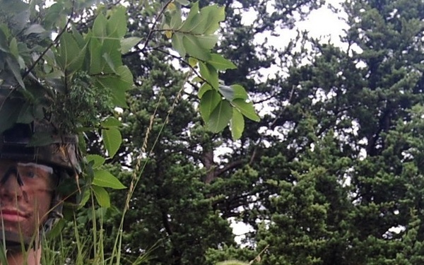 Two military personnel in camouflage uniforms and helmets adorned with natural foliage are concealed in dense vegetation, likely during a field training exercise. The soldier in the foreground has a name tape reading 'DEBO' and wears protective eyewear. Both individuals are employing natural camouflage techniques to blend into their surroundings.