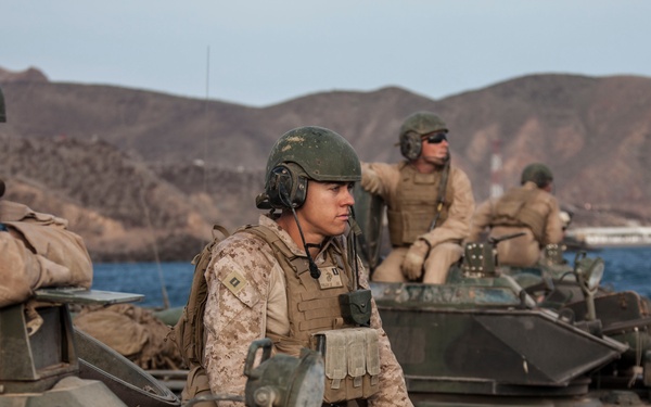 Military personnel in desert camouflage uniforms are positioned on what appear to be Amphibious Assault Vehicles (AAVs) near a shoreline with water visible in the background. The soldiers are wearing tactical gear including helmets, communication headsets, body armor, and sunglasses. The setting appears to be a coastal amphibious operation or training exercise, with arid, rocky hills visible in the background.