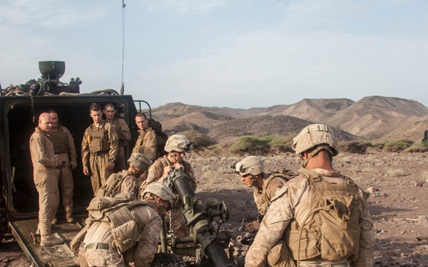 A group of military personnel in desert camouflage uniforms are unloading or positioning what appears to be a mortar or light artillery piece in an arid, rocky terrain. An armored tracked vehicle (likely an AAV or similar amphibious assault vehicle) is parked to the left with its rear ramp open. The setting appears to be a desert training exercise or operational deployment based on the terrain and equipment visible.