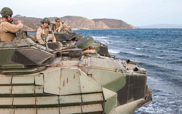 An amphibious assault vehicle (AAV), likely an AAVP7A1, is positioned at the water's edge on a dark rocky beach, with several military personnel visible on top of the vehicle. The soldiers are wearing combat gear including helmets and tactical vests, suggesting an amphibious landing exercise or operation. A coastal mountain range is visible in the background across the water.