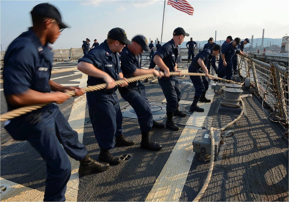 Sailors heave line during sea-and-anchor