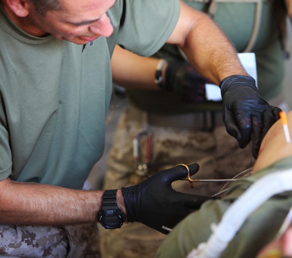 Marines and sailors with CLB-11 conduct mass casualty drill
